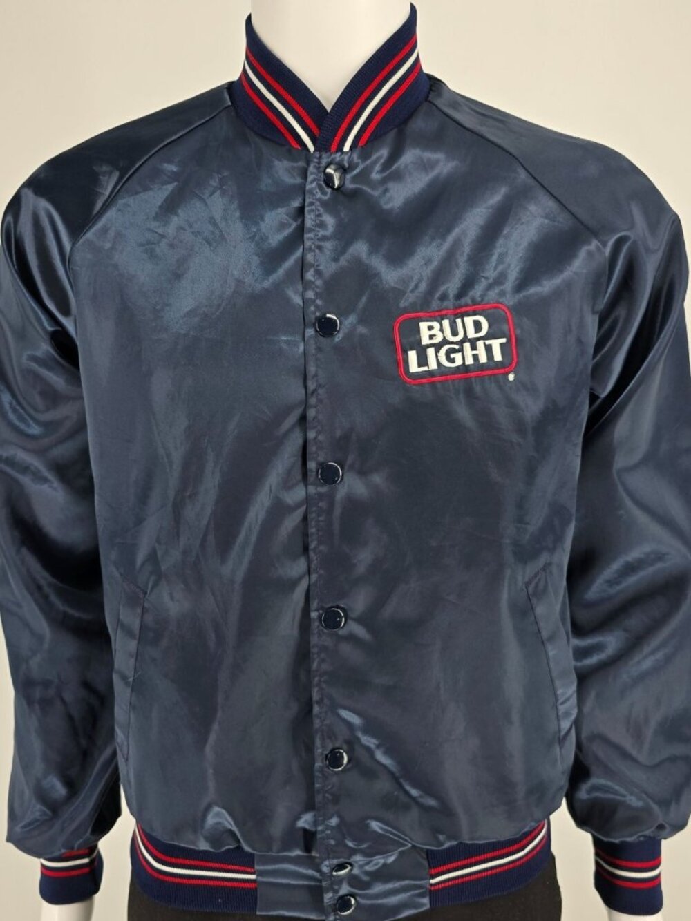 Vintage 1980s Bud Light Delivery Driver Fleece Lined Satin Bomber Jacket (M)